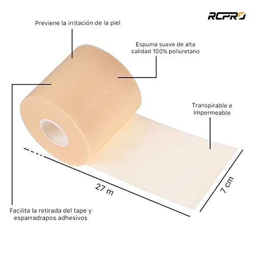 RCPRO - Venda pre tape - 2 rollos 7cm x 27m - de espuma no adhesiva para protección de la piel y vello en vendajes funcionales