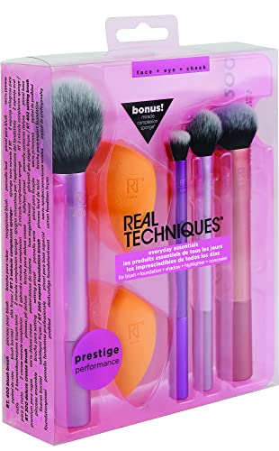 Real Techniques Everyday Essentials - Juego con esponja, brochas y pinceles de maquillaje, esponja extra, exclusivo de Amazon