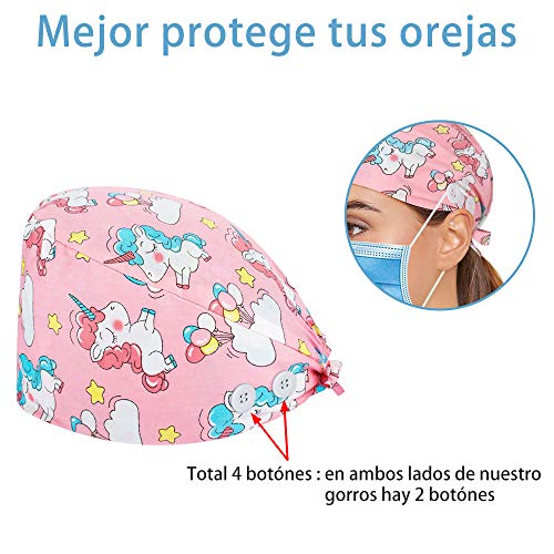 Reesibi 4 Gorros de Quirofano para Pelo Largo Corto, Gorros Ajustables Cap Hat Turbante Sombrero Trabajo Hombre Mujer Fines Múltiples, Estampado Gorro, Gorro Ducha - 4pack