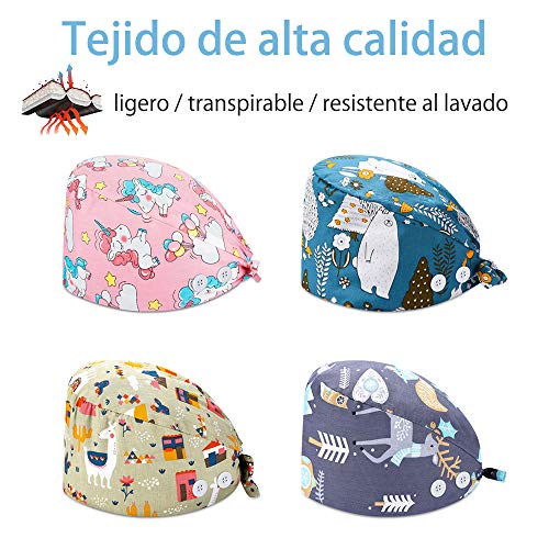 Reesibi 4 Gorros de Quirofano para Pelo Largo Corto, Gorros Ajustables Cap Hat Turbante Sombrero Trabajo Hombre Mujer Fines Múltiples, Estampado Gorro, Gorro Ducha - 4pack