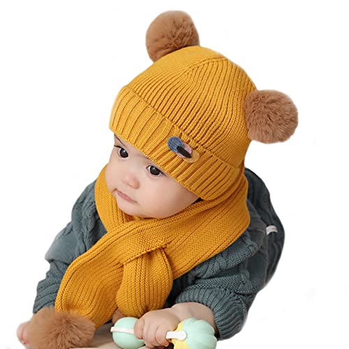 Reixuier Conjunto de Gorro y Bufanda para bebé, Conjunto de Bufanda de algodón para niños pequeños de 6 a 24 Meses (Amarillo)