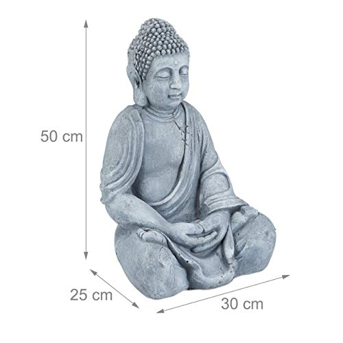 Relaxdays Estatua Buda Sentado XL para Jardín, Cerámica, Gris Oscuro, 50 cm