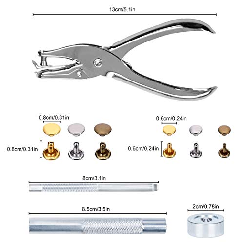 Remaches de Cuero 240 piezas Remache de Doble Tapa 2 Tamaños con Kit de Herramienta de Fijación para Artesanía de Cuero Reparación de Decoración 3 Color