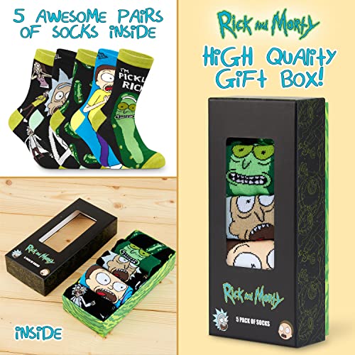 Rick and Morty Calcetines Hombre Divertidos de Rick y Morty con Pickle Rick (Pack de 5) (Verde/Negro)