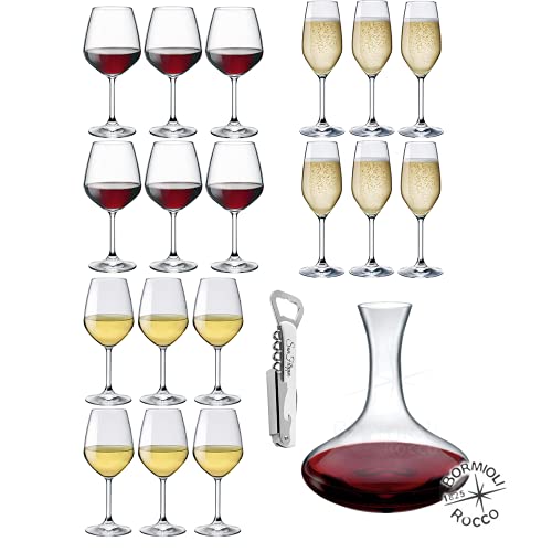 Rocco Bormioli – Juego de vasos para 6 personas, juego de 20 copas de vino blanco, rojo y copas de champán y Prosecco Mod Divino + Decantador ELECTRA de cristal transparente + tapón espumoso.