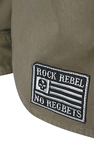 Rock Rebel by EMP Camisa Verde Militar con Parches y Bolsillos al Pecho Hombre Manga Larga Caqui L