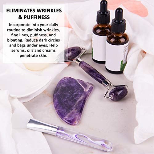 Rodillo de Jade, Gua Sha y Pincel - Set de Masaje Facial en Piedra de Amatista 100% Natural - Masajeador Anti Arrugas, Reducción de Ojeras, Desinflama - Herramientas de Belleza para el Rostro