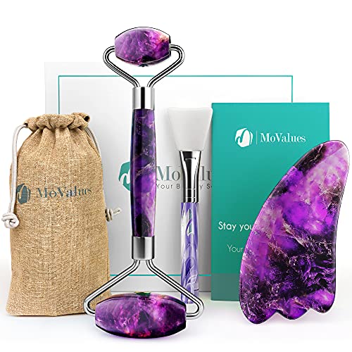 Rodillo de Jade, Gua Sha y Pincel - Set de Masaje Facial en Piedra de Amatista 100% Natural - Masajeador Anti Arrugas, Reducción de Ojeras, Desinflama - Herramientas de Belleza para el Rostro