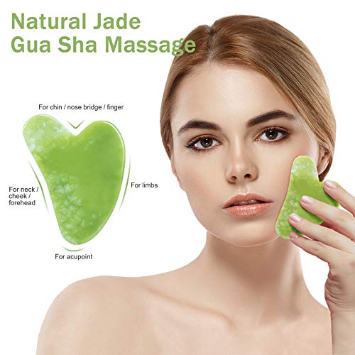 Rodillo de Jade Masajeador Facial, Gua Sha y Cepillo Mascarilla Facial, rodillo masaje, rodillo facial, natural real para regalo antienvejecimiento y rejuvenecimiento