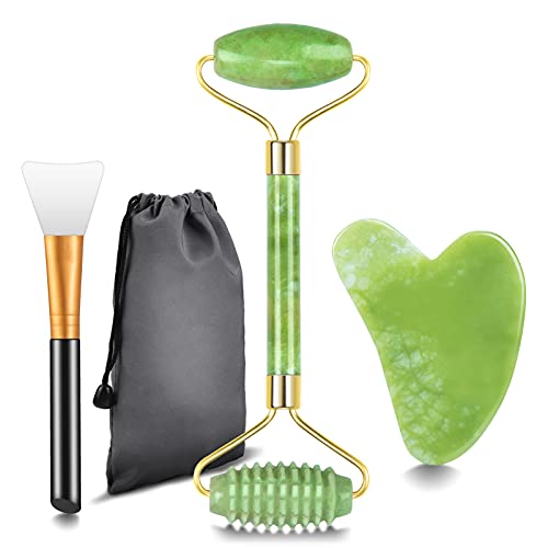 Rodillo de Jade Masajeador Facial, Gua Sha y Cepillo Mascarilla Facial, rodillo masaje, rodillo facial, natural real para regalo antienvejecimiento y rejuvenecimiento