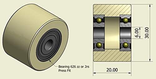 Rodillos de poliamida de nylon de 4 piezas de 30 mm de diámetro 20 mm de ancho y 6 mm de rodamiento Precisamente mecanizado en la UE (30-20-6)