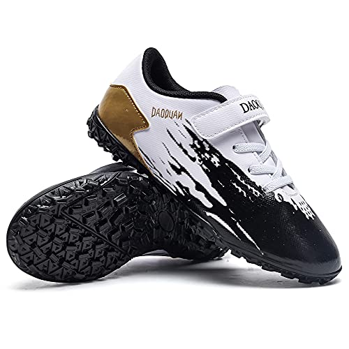 Rokiemen Zapatillas de Fútbol Niño FG/TF Profesionales Aire Libre Atletismo Calzado de Entrenamiento Antideslizante y Resistente al Desgaste Negro/Blanco 33