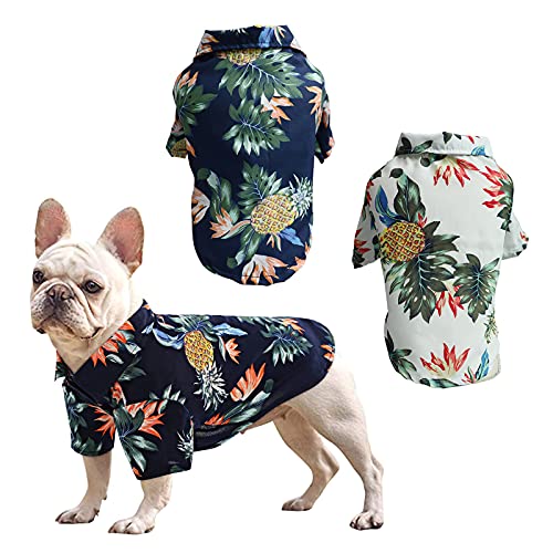 RoxNvm Camiseta de Verano para Perros, Camisas de Perro Hawaiano, Playera para Perros Estilo Resort de Playa, Ropa de Perro Transpirable de Moda para Cachorros, 2 Piezas, Azul y Blanco (Grande)