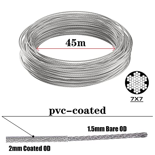 Ruesious 45m Cable de Acero Inoxidable PVC Kit de Cuerda de Acero Inoxidable, Kit de Luces para Exteriores, Kit de Suspensión de Cuerda, Bridas Cable de Cable con Tensor y Ganchos