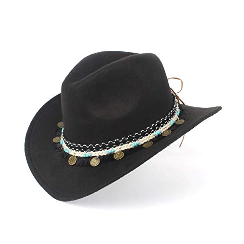 RZL Domo Sombreros, Mujer de Lana de Vaquero Occidental Sombrero Adecuado para Vaquera de ala Ancha con Cinta de Flecos (Color : Negro, tamaño : 56-59cm)