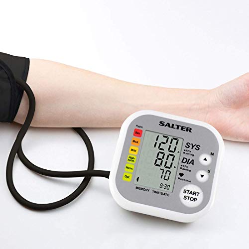 Salter Tensiómetro de brazo automático, Detector de pulso automático, medidor de presión arterial, capacidad de memoria de 60 lecturas
