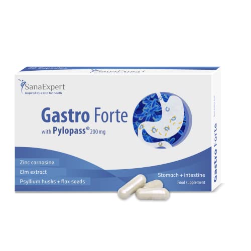 SanaExpert Gastro Forte | SUPLEMENTO PARA LA SALUD INTESTINAL | con Pylopass, extracto de olmo y linaza (30 cápsulas). Ingredientes veganos 100% naturales. Fabricado en Alemania.