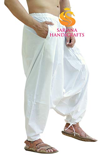 Sarjana Handicrafts - Pantalón bombacho hindú de algodón, pantalón harem, pantalón de yoga para hombre Blanco blanco Talla única