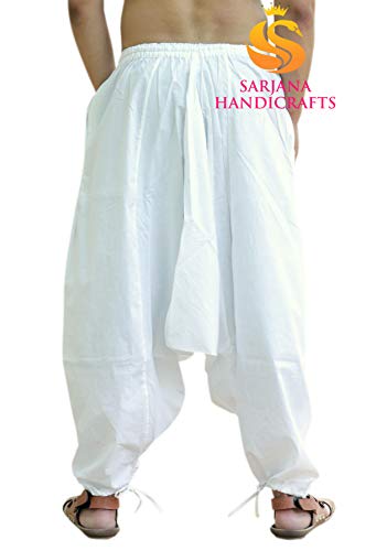 Sarjana Handicrafts - Pantalón bombacho hindú de algodón, pantalón harem, pantalón de yoga para hombre Blanco blanco Talla única