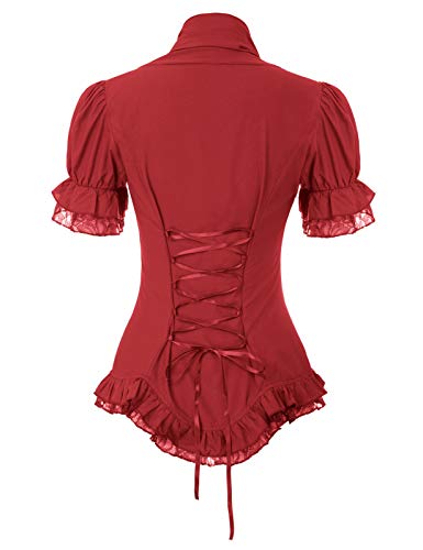 SCARLET DARKNESS Mujer Camisa Retro de Encaje Dobladillo con Escote Pico para Fiesta XL Rojo