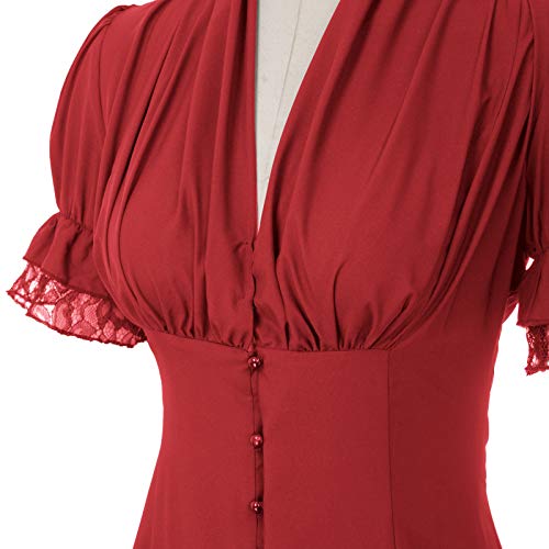 SCARLET DARKNESS Mujer Camisa Retro de Encaje Dobladillo con Escote Pico para Fiesta XL Rojo