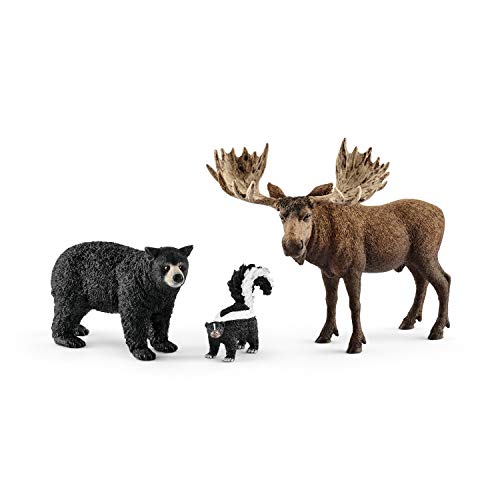 Schleich- Set 3 Figuras Habitantes del Bosque - Alce, Oso Negro y Mofeta
