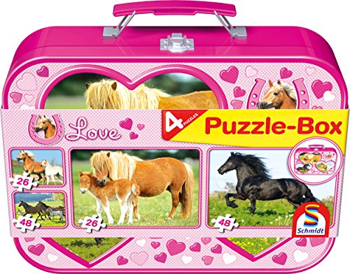 Schmidt Spiele 55588 - Caballos, puzzle-box 2 x 26 2 x 48 piezas en una caja metálica , color/modelo surtido
