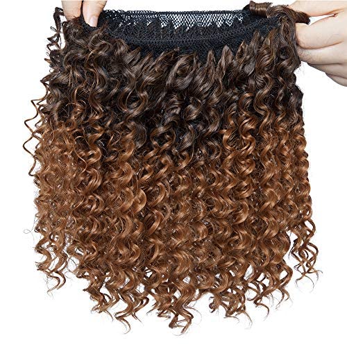 SEGO Moño Postizo [Afro Drawstring Ponytail] Rizado Pelo Sintético Como Pelo Natural [Negro/Castaño Caoba Claro] Coleta Postiza Corta para Mujer Extensiones de Cabello Clip (130g)