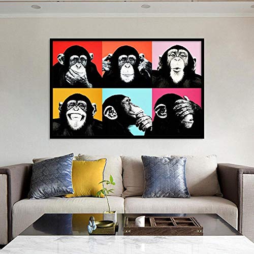 Seis Mono chimpancé Arte Abstracto de la Pared Expresión Animal Divertida Graffiti Poster Sala de Estar Hogar Estilo nórdico Cuadros de Pared Decoracion 50x70cmx1 Sin Marco