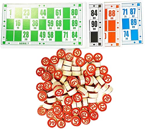 Set Bingo y 48 cartones Bingo de Viaje Juego de Mesa Tradicional Fichas de números 2 Caras Práctica Bolsa de Transporte Números de Madera