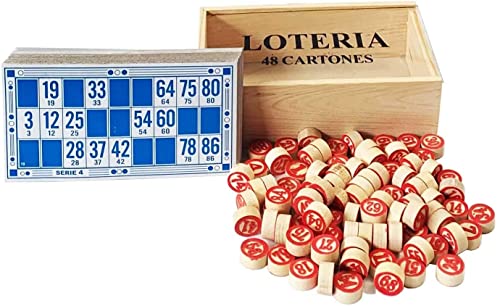 Set Bingo y 48 cartones Bingo de Viaje Juego de Mesa Tradicional Fichas de números 2 Caras Práctica Bolsa de Transporte Números de Madera