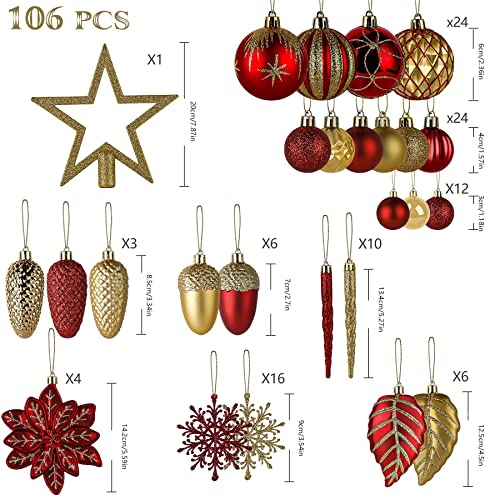SHareconn Set de Bolas de Navidad, 106 Piezas, Adornos Navideños Inastillables, Decoración de Bolas para árbol de Navidad, Grandes Decoraciones para Bodas, Rojo y Dorado