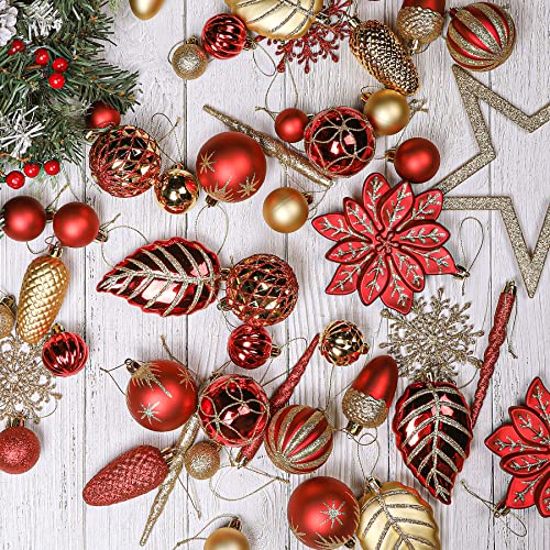 SHareconn Set de Bolas de Navidad, 106 Piezas, Adornos Navideños Inastillables, Decoración de Bolas para árbol de Navidad, Grandes Decoraciones para Bodas, Rojo y Dorado