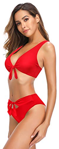SHEKINI Bikini de 3 Piezas para Mujer Traje de Baño con Cordones Top de Bikini con Cuello En V Profundo Pantalones de Cintura Baja o Alta (Rojo Bikini Set, L)