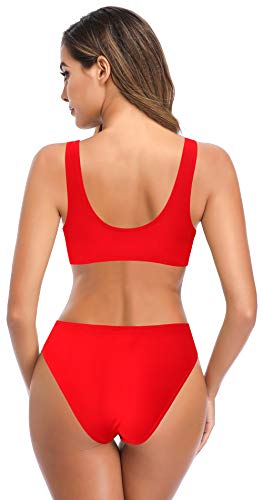 SHEKINI Bikini de 3 Piezas para Mujer Traje de Baño con Cordones Top de Bikini con Cuello En V Profundo Pantalones de Cintura Baja o Alta (Rojo Bikini Set, L)