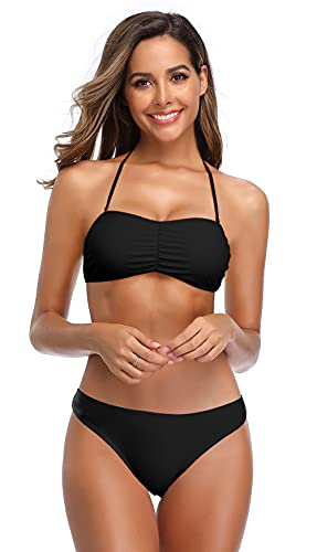 SHEKINI Mujer Bandeau Bikini Traje de Baño Dos Piezas Ajustable Parte Superior del Bikini con Cintura Baja Triángulo Pantalones de Natación(S, Negro S)