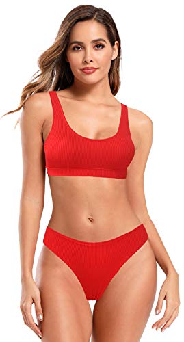 SHEKINI Mujer Traje De Baño de Dos Piezas Cuello Bajo Chaleco Deportivo Canalé Top de Bikini con Clásico Triángulo Parte Inferior de Bikini de Playa Swimwear (Rojo, M)