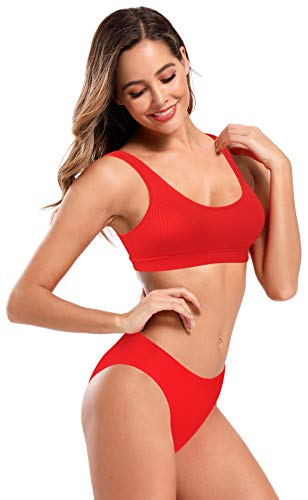 SHEKINI Mujer Traje De Baño de Dos Piezas Cuello Bajo Chaleco Deportivo Canalé Top de Bikini con Clásico Triángulo Parte Inferior de Bikini de Playa Swimwear (Rojo, M)