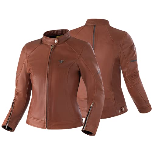 Shima MONACO Chaqueta Moto Mujere - Cazadora Moto Mujere Vintage de Cuero A+ Ventilado con Protecciones CE Espalda, Hombros, Codos, Reforzado Costuras Dobles (Marrón, XL)