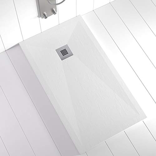 Shower Online Plato de ducha Resina PLES - 70x100 - Textura Pizarra - Antideslizante - Todas las medidas disponibles - Incluye Rejilla Inox y Sifón - Blanco RAL 9003