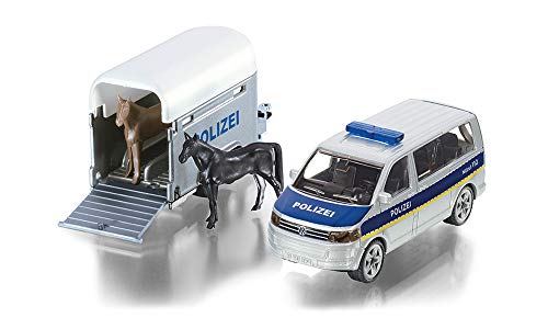 siku 2310 Coche de policía con remolque para caballos, Incl. 2 caballos de juguete, Remolque desmontable, 1:55, Metal/Plástico, Plateado/Azul