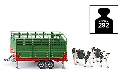 SIKU 2875, Remolque de ganado con 2 vacas de raza Holstein, 1:32, Multifuncional, Metal/Plástico, Verde