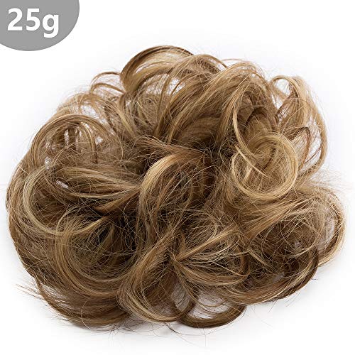 Silk-co Moño Postizo con Goma Grueso Se Ve Natural Coletero Pelo Postizo Peinado Alto Extensiones de Pelo Sintético para Mujer Rizado Ondulado Postizo 25g #Marrón Claro & Rubio Ceniza