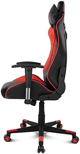 Silla Gaming Profesional, Polipiel, reposabrazos 2D, Piston Clase 4, Asiento basculable, Altura Regulable, Respaldo reclinable, Cojines Lumbar y Cervical, Color Negro/Rojo