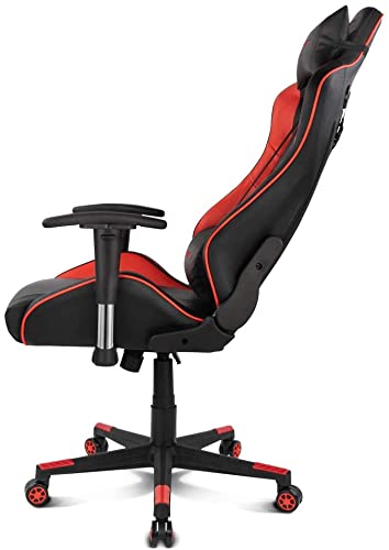 Silla Gaming Profesional, Polipiel, reposabrazos 2D, Piston Clase 4, Asiento basculable, Altura Regulable, Respaldo reclinable, Cojines Lumbar y Cervical, Color Negro/Rojo