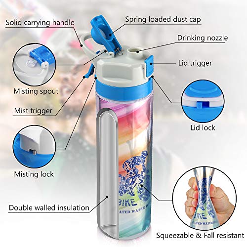 Skyocean Botella de agua deportiva con pulverizador de niebla, control de bloqueo, 650ml，mantener frío, tapa de boca ancha, cuerpo suave y exprimido, se abre con 1 clic