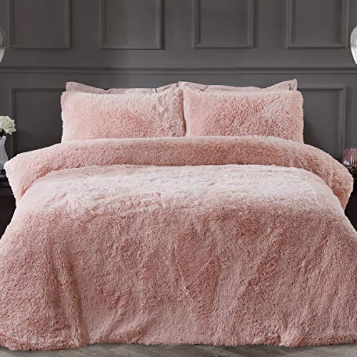 Sleepdown Juego de Funda de edredón y Funda de Almohada de Pelo Largo, Color Rosa, Muy Suave, de fácil Cuidado, para Cama Individual (135 x 200 cm)