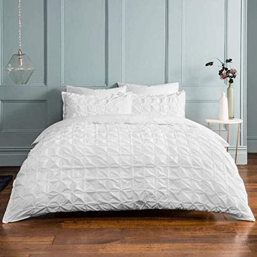 Sleepdown Rouched Pleat White Bedding Set-Single edredón y Funda de Almohada (135 x 200 cm), Color Blanco, Mezcla de algodón, Juego de Cama Individual