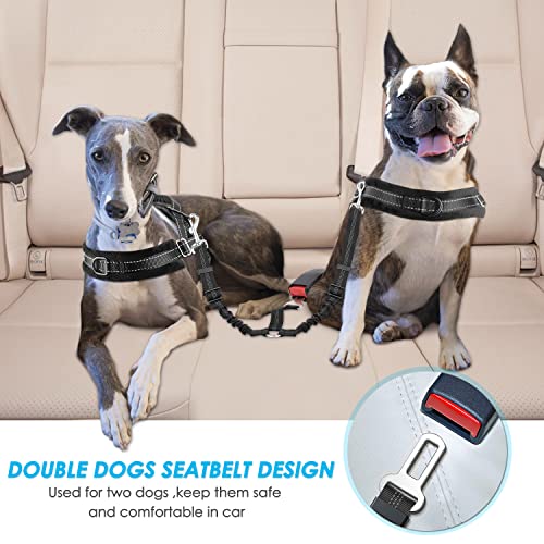 SlowTon Dog Dog Doble cinturón de Seguridad con Correa, sin enredo Pet Correa elástica Ajustable Tira Reflectante cinturón de Seguridad Separador (Negro, Cinturón de Seguridad Doble del Perro)