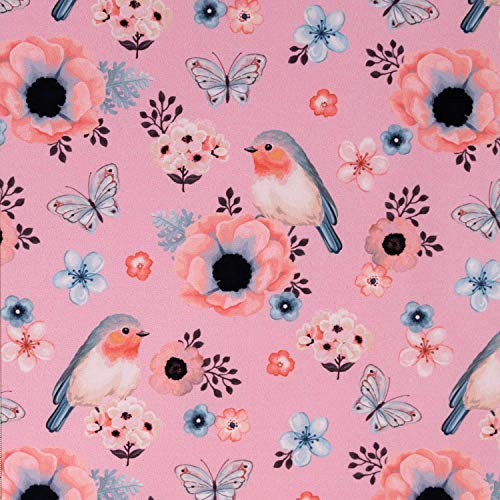 Softshell pájaros y flores rosas. Precio por 0,5 metros.